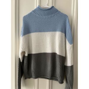 Fashion brands roll neck blue white and gray striped sweater L